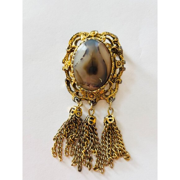 Vintage Gold Filigree Brooch With Agate-Style Stone & Dangling Chains Ornate Des - Picture 2 of 7